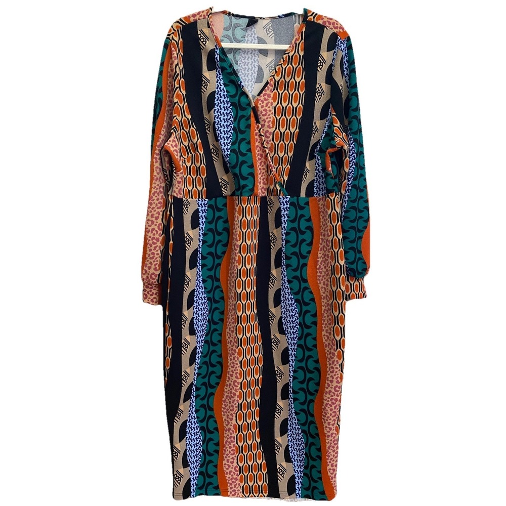 Emory Rose 3X L/S Maxi Dress 70's Style Abstract Deep V Multi-Color Whimsigoth‎
